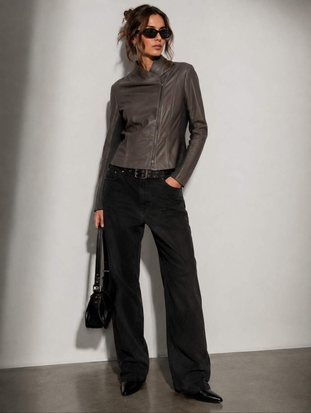 VINCE Leather Biker Jacket Womens Large Gray Moto Minimalist Quiet Luxury